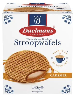 Image de Daelmans Karamell Stroopwafels en boîte cubique - 1 boîte de 8 gaufres, 230 g, spécialité hollandaise