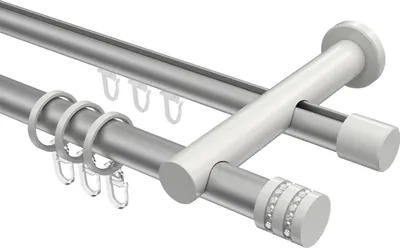 Produktbild von Interdeco Rundrohr-Innenlaufstange / Gardinenstange (Kombination) Silbergrau / Weiß, Typ Platon Estana (Glitzerkappe), 20 mm Ø 2-läufig, 440 cm