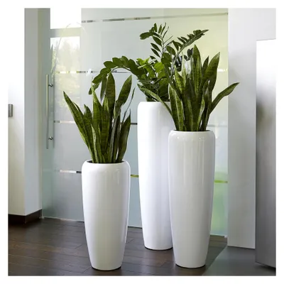 Produktbild von Moderne und hochwertige Pflanzvase/Pflanzkübel – Groß: 120cm - Hochglanz Weiß - Fiberglas - Mit Einsatz – Innen- und Außenbereich – Wetterbeständig und frostsicher