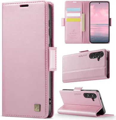 Produktbild von Lederhülle für Samsung Galaxy S24+, RFID Schutz Handyhülle mit Magnetverschluss, Kartenfächern und Ständer Pink