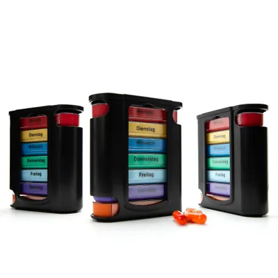 Produktbild von BigDean 3 Stück Tablettenbox 7 Tage Morgens, Mittags, Abends & Nachts in Schwarz – Medikamentenbox BPA-frei & Lebensmittelecht – luftdichte Pillendose
