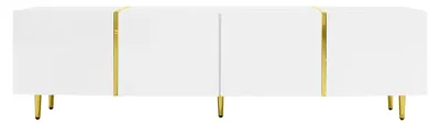 Zdjęcie produktu dla RTV stojak 170x35x46 cm - Komoda pod telewizor - Nowoczesny design, płyta MDF z połyskiem - 4 drzwi, przestrzeń do przechowywania - Metalowe nóżki, kolor złoty - Biały