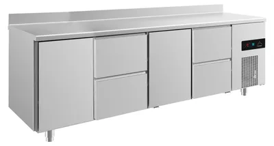 Produktbild von Gastro Kühltisch | Edelstahl | 2 Türen / 4 Schubladen | Aufkantung | 2330 x 700 x 850 mm | -2 / +8 °C | 632 Liter