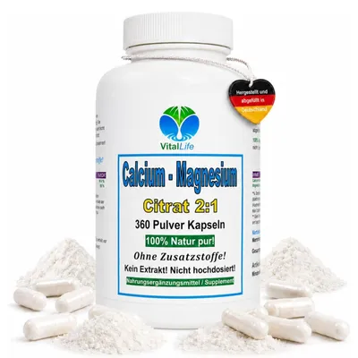 Produktbild von Calcium Calciumcitrat + Magnesium Citrat 2:1 Komplex 360 Kapseln organisch, PREMIUM Kalzium- & Magnesiumcitrat. Hohe Bioverfügbarkeit.