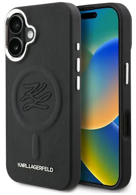 Obrázok produktu pre Karl Lagerfeld Initial & Metal Logo, ochranný kryt MagSafe pre iPhone 16, čierna farba (KLHMP16SPGFKLRDK)