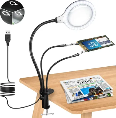 Produktbild von Vergrößerungsglas mit Licht und Ständer - dritte Hand löten - helfende Hände - Vergrößerungslampe - 30 dimmbare LED-Lampen - Löt-Hand - 3 helfende Arme - beleuchtete Leselupe - Basteln - Lesen