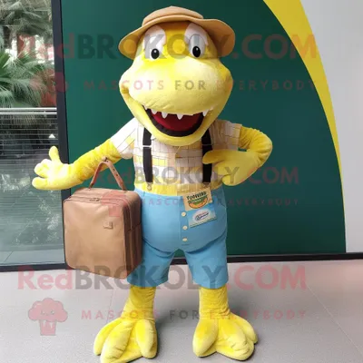 Produktbild von Maskottchen REDBROKOLY kostüm eines gelben Krokodils bekleidet mit einem Chambray-Hemd und Geldbörsen