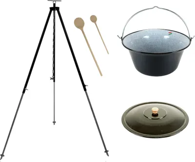 Produktbild von Grillplanet Gulaschkessel 15 Liter, emailliert, mit Dreibein 180 cm, Kettenhöhenverstellung, Deckel und vertieftem Sitz, für offenes Feuer, Glühwein & Camping