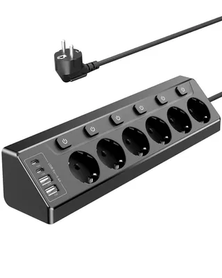 Produktbild von Ecksteckdose mit Unabhängigem Schalter，Steckdosenleiste Mit 4 USB (2 USB C)+6 Fach Steckdose Mit Kindersicherung, 3680W, 2M Verlängerungskabel