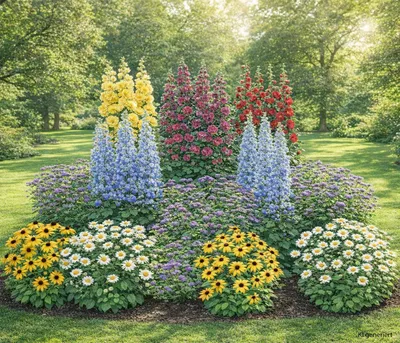 Produktbild von Dehner Bio Stauden-Set Bunter Landhausgarten, je 3x Stockrose / Eisenkraut und je 2x Rittersporn / Margerite / Sonnenhut, insgesamt 12 mehrjährige Gartenstauden, je 5-20 cm, Ø Topf je 9 cm, blau / lila / rot / weiß / gelb