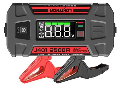 A close-up studio shot of a jump starter device with its cables.