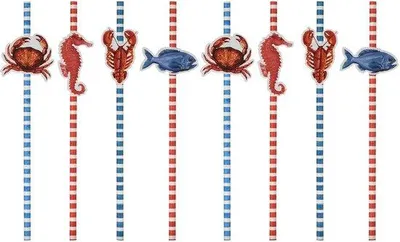 Productafbeelding van Papieren rietjes - Biologisch afbreekbaar - 64 stuks - Geschikt voor feesten - Gestreept met zeedieren - Ideaal voor kinderverjaardag en ..