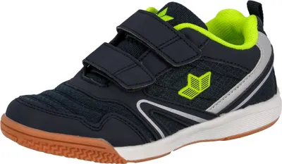 A single navy blue athletic shoe with neon green accents and a white sole is shown against a white background.