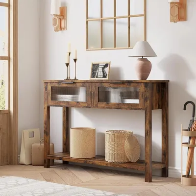 Obrázek produktu pro Boho úzký konferenční stolek – konzolový stolek / stolek do předsíně – 100×76×30 cm – 2 úložné prostory – dřevěná konstrukce – hnědá barva