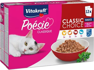 Imagen del producto de Vitakraft Poésie Classique, alimento húmedo para gatos, 12 unidades de 85g, sin azúcar ni cereales