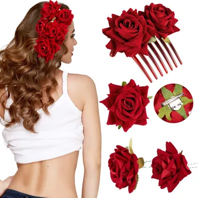 Produktbild von 4er-Set Rosenhaarspangen, Blumenhaarnadeln, Rosenbrosche, florale Haarspangen, Damen-Haaraccessoires mit Rosenblüten