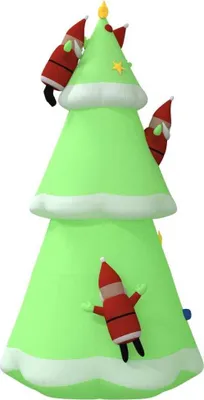An inflatable Christmas tree with Santa figures climbing on it.