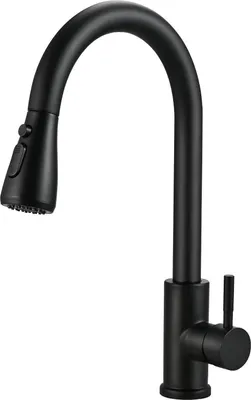 A black kitchen faucet with a pull-down sprayer is shown against a white background.
