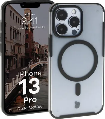 Produktbild von Bizon Case MatteO Magnetische Ringhülle für iPhone 13 Pro, halbtransparent mit schwarzem Rahmen