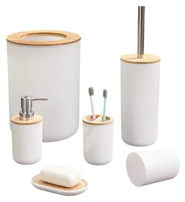 Produktbild von Komplettes Badezimmer-Set, 6-teilig, weißer Kunststoff und Bambus