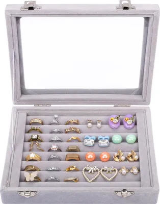 Produktbild von Kurtzy Jewelry Organizer Ring Aufbewahrung Schmuckkasten Grau, Samt Box mit Glas Deckel & 7 Schlitze – Schmuckaufbewahrung Schmuckschatulle