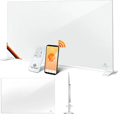 A white infrared heater with a remote control and a smartphone displaying a temperature of 24.0 degrees Celsius.