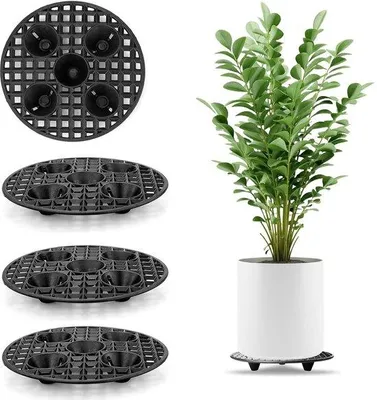 Produktbild von Ibenzoa® Blumentopfständer 4er-Set, 20 cm Ø – schwarze Kunststoff-Pflanzenuntersetzer mit Drainage-Mesh, 20 x 20 x 2,5 cm, erhöhte Stützfüße