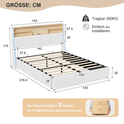 Obrázek produktu pro Manželská postel – rošt 160 × 200 cm – kovový rám – s úložným prostorem – LED osvětlení – USB port pro nabíjení – béžová