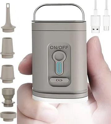 Produktbild von Elektrische Mini Luftpumpe mit LED -Beleuchtung 1200mAh–Akku-Pumpe mit 5 Düsen & USB-C,Für Luftmatratze, Schwimmring, Vakuumbeutel & Camping,Cremeweiß