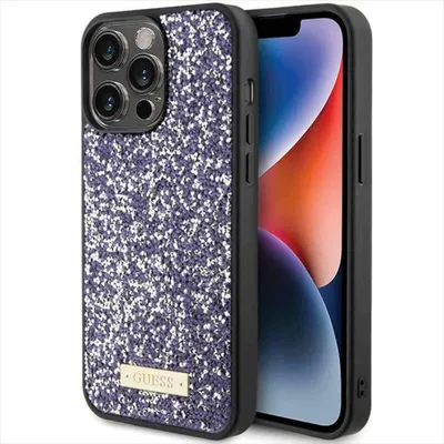 Productafbeelding van Guess telefoonhoesje met strass en metalen logo voor iPhone 15 Pro - Roze