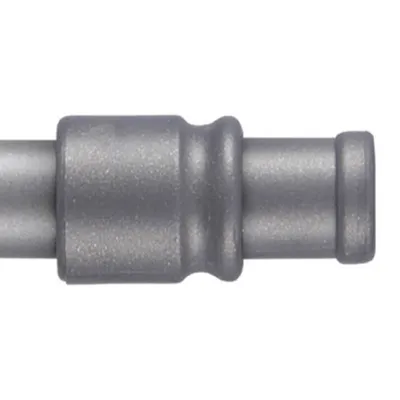 A close-up of a metal curtain rod end piece with a decorative band.