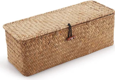Produktbild von Natürlicher Seegras Rattan Aufbewahrungskorb mit Deckel - Rechteckiger Weidenkorb, 4er Set - Platzsparend & stilvoll
