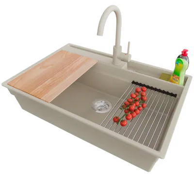 Produktbild von PRIMAGRAN Granitspüle Beige 78x53cm, Spülbecken 1 Becken + Ablauf-Set + Küchenzubehörset, Küchenspüle ab 80er Unterschrank - Oslo Pocket