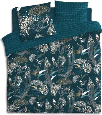 A folded duvet cover and pillowcase set with a floral and bird pattern.