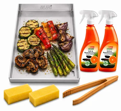 Produktbild von Plancha Grillplatte 30x20 cm Edelstahl Set mit Grillzange und Grillreiniger