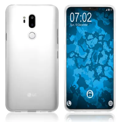 A white LG G7 ThinQ phone case shown from the back and front, with the front displaying the phone's screen.