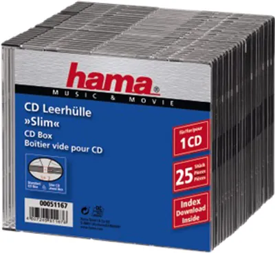 Produktbild von Hama CD Slim Box, black, pack of 25 pcs, 1 Disks, Schwarz, Kunststoff, 143 mm, 130 mm, 125 mm
