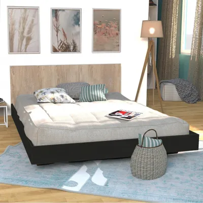 Produktbild von BETT LOFT / Bett 140x190 + 1 Lattenrost + Kopfteil - Schwarz & gebleichte Eiche