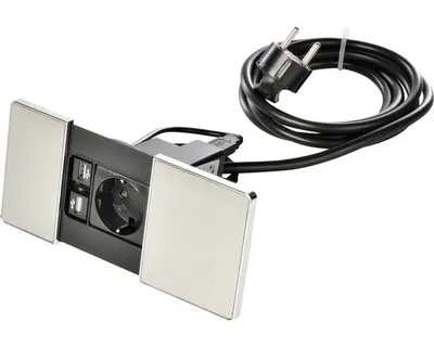 Productafbeelding van VersaPAD wandcontactdoos met 1 stopcontact + 2 USB-oplaadpoorten met schuifdeksels, aluminium/geborsteld, afmetingen 190x90 mm, inclusief 2 meter aansluitkabel