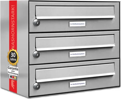 A three-tier stainless steel mailbox unit with individual compartments and locks.