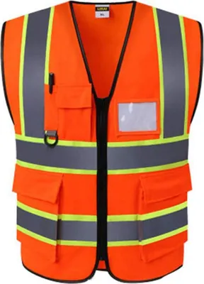 Produktbild von Unisex Hohe Sichtbarkeit Warnweste mit Reflektorstreifen und Reißverschluss Vier Taschen Arbeitsweste Orange Rot Fehlschlag: 49.21in, Länge: 27.56in