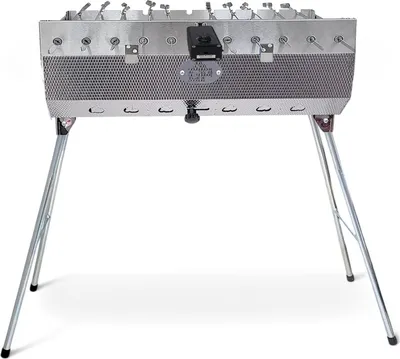 A stainless steel charcoal grill with folding legs, shown from the front.