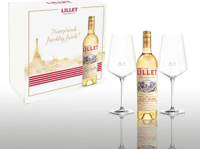 Produktbild von Lillet Geschenkset - Lillet Blanc Aperitiv de France 750ml (17% Vol) + 2 Wein Gläser mit 0,2L Eichung + Geschenkbox - [Enthält Sulfite]
