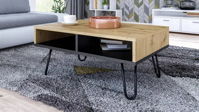 Produktbild von MATKAM  DORA Couchtisch aus Holz, H/B/T 55 x 100 x 50 cm, in Retro Optik, mit Metallbeinen, zwei offene Ablagefächer (Artisan Eiche)