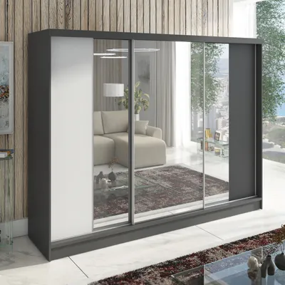 Produktbild von Schwebetürenschrank, 3 -türig Schrank 200 cm mit Spiegel VIDA (Graphit, Weiß, Graphit)