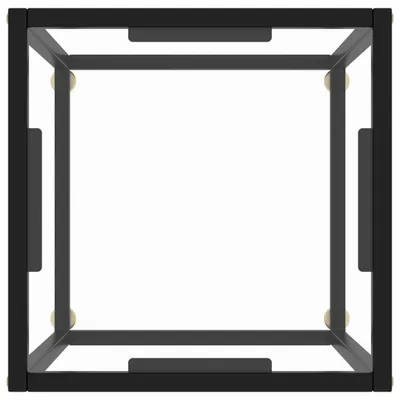 A top-down view of a black metal frame couch table with glass panels.