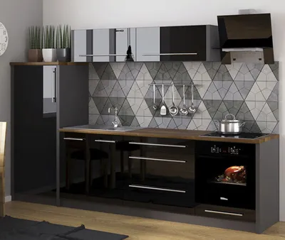 Produktbild von Küchenzeile PLATINUM Mansardenküche 280cm lava Fronten schwarz Hochglanz Teilauszug