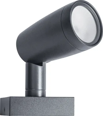 A dark gray outdoor LED spotlight is shown against a white background.