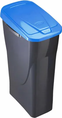 A dark gray recycling bin with a bright blue lid, shown from a slightly elevated angle against a white background.