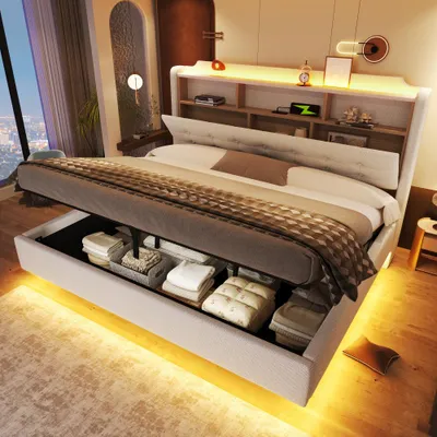 Productafbeelding van Gestoffeerd bed met LED-verlichting en opbergruimte, linnen stof, USB-/Type-C-aansluitingen, zonder matras, hydraulische opbergvakken, zwevend design, matras niet inbegrepen, beige, 180x200 cm